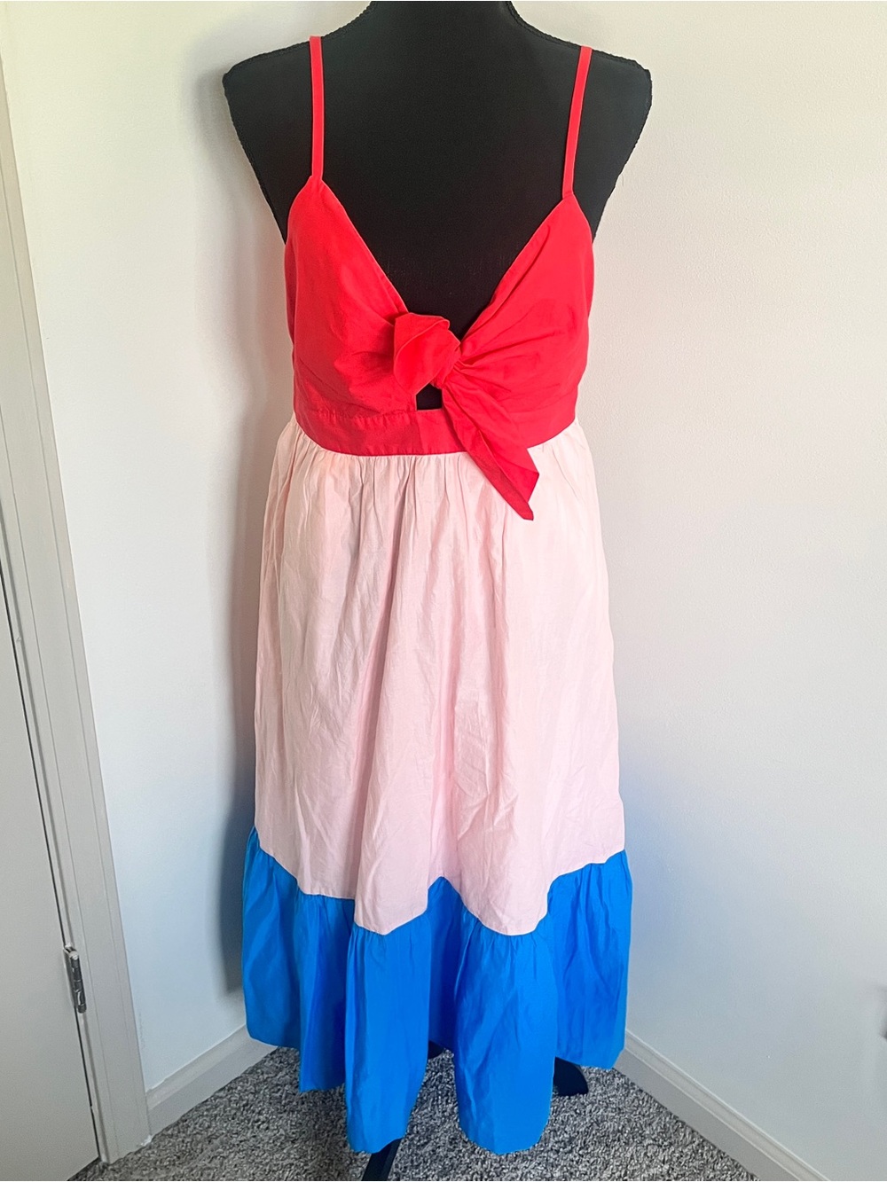 NWT J.Crew Colorblock tie-front cutout midi dress pink blue Sz 8 Beach Coastal - Picture 2 of 7